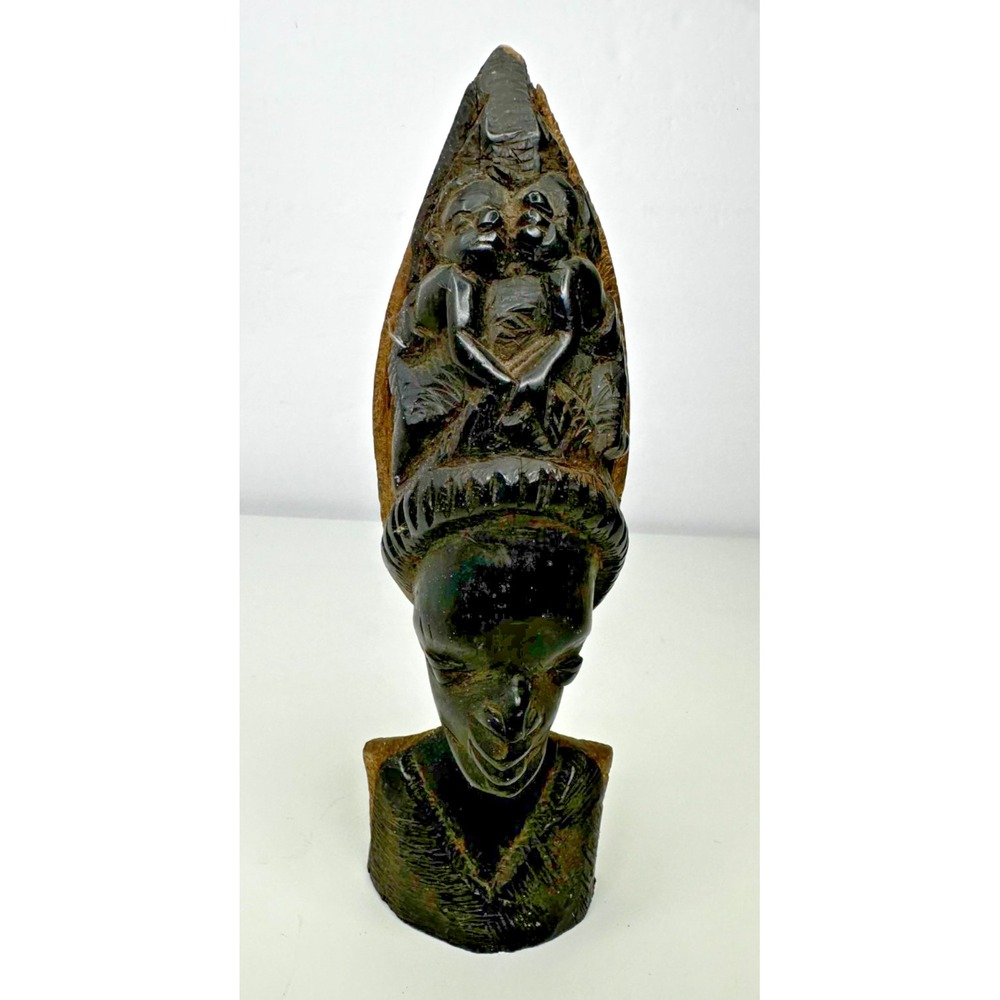 African carved wood tribal head figure Folk Art Elaborate Headdress 8"
